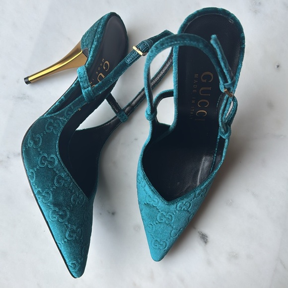 Gucci Shoes - Gucci Monogram Velvet Jacquard Logo Point Toe Sling Back Pump Heels